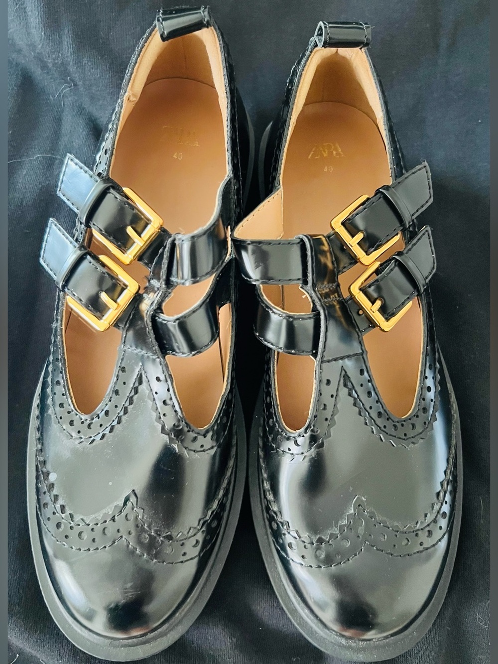 Zara Black Double Strap Brogue Mary Janes with Gold Buckles